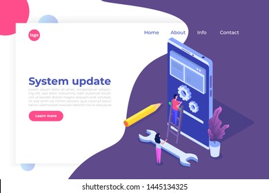 Smartphone System update flat style concept. Vector isometric illustration
