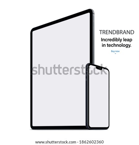 smartphone and tablet with blank screen saver and shadow isolated on white background. realistic and detailed gadgets and devices mockup. stock vector 3d isometric illustration