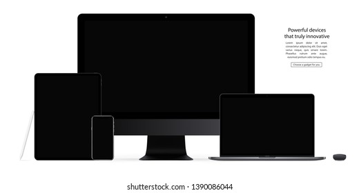 smartphone, tablet, computer monitor, laptop, mouse and stylus with black screen saver isolated on white background. realistic and detailed devices mockup. stock vector illustration