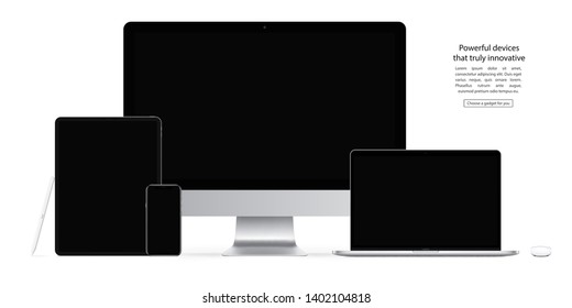 smartphone, tablet, computer monitor, laptop, mouse and stylus with black screen saver isolated on white background. realistic and detailed devices mockup. stock vector illustration