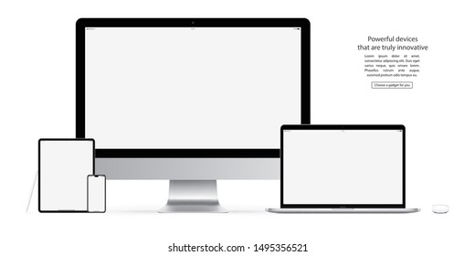 smartphone, tablet, computer monitor, laptop, mouse and stylus with blank screen saver isolated on white background. realistic and detailed devices mockup. stock vector illustration