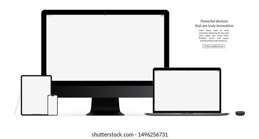 smartphone, tablet, computer monitor, laptop, mouse and stylus with blank screen saver isolated on white background. realistic and detailed devices mockup. stock vector illustration