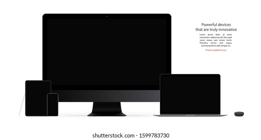 smartphone, tablet, computer monitor, laptop, stylus and mouse with black screen saver isolated on white background. realistic and detailed mockup gadgets and devices. stock vector illustration