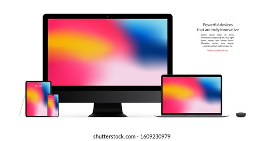 smartphone, tablet, computer monitor, laptop, stylus and mouse with colored screen saver isolated on white background. realistic and detailed mockup gadgets and devices. stock vector illustration