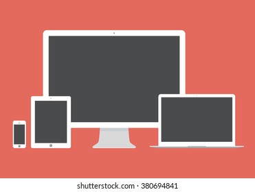 smartphone, tablet, computer monitor and laptop icon set in flat design style on red background. devices and gadgets symbol. stock vector illustration