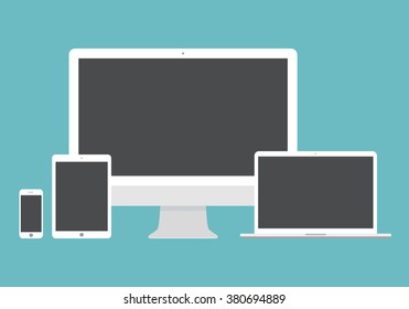 Smartphone, Tablet, Computer Monitor And Laptop Icon Set In Flat Design Style On Blue Background. Devices And Gadgets Symbol. Stock Vector Illustration