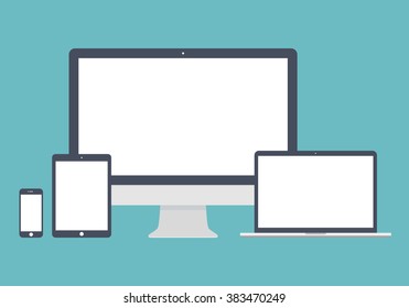 smartphone, tablet, computer monitor and laptop icon set in flat design style on blue background. devices and gadgets symbol. stock vector illustration