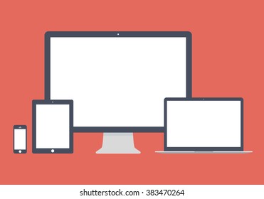 smartphone, tablet, computer monitor and laptop icon set in flat design style on red background. devices and gadgets symbol. stock vector illustration