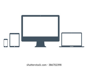 smartphone, tablet, computer monitor and laptop icon set in glyph design style isolated on white background. grey devices and gadgets symbol. stock vector illustration