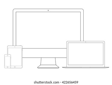 smartphone, tablet, computer monitor and laptop icons set in outline design isolated on white background. devices and gadgets mockup in thin line style. stock vector illustration