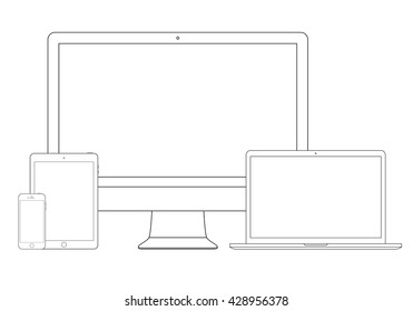 smartphone, tablet, computer monitor and laptop icons in outline design isolated on white background. devices and gadgets set in thin line style. stock vector illustration