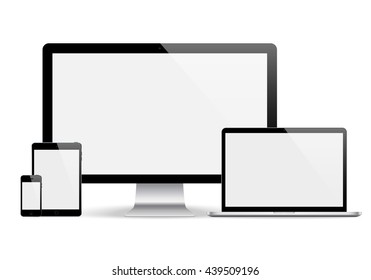 smartphone, tablet, computer monitor and laptop black color with blank screen isolated on white background. realistic and detailed devices mockup. stock vector illustration