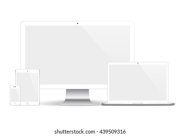 smartphone, tablet, computer monitor and laptop with blank screen isolated on white background. realistic and detailed devices mockup. stock vector illustration