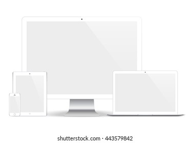 Smartphone, Tablet, Computer Monitor And Laptop With Blank Screen Isolated On White Background. Realistic And Detailed Devices Mockup. Stock Vector Illustration