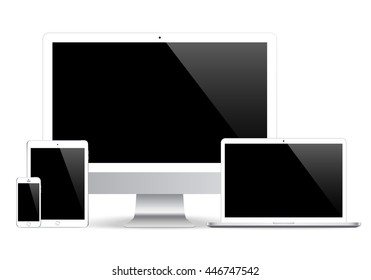 smartphone, tablet, computer monitor and laptop with black screen isolated on white background. realistic and detailed devices mockup. stock vector illustration