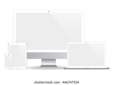 smartphone, tablet, computer monitor and laptop with blank screen isolated on white background. realistic and detailed devices mockup. stock vector illustration