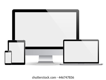 smartphone, tablet, computer monitor and laptop black color with blank screen isolated on white background. realistic and detailed devices mockup. stock vector illustration