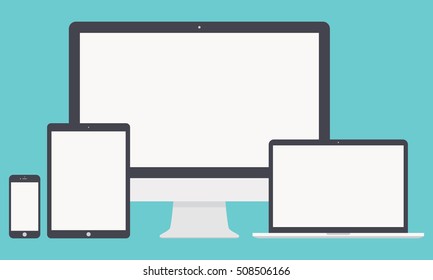 Smartphone, Tablet, Computer Monitor And Laptop Icons Set In Flat Design Style On Blue Background. Devices And Gadgets Symbol. Stock Vector Illustration