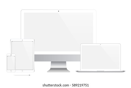 smartphone, tablet, computer monitor, laptop and stylus with blank screen isolated on white background. realistic and detailed devices mockup. stock vector illustration