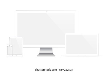 smartphone, tablet, computer monitor, laptop and stylus with blank screen isolated on white background. realistic and detailed devices mockup. stock vector illustration