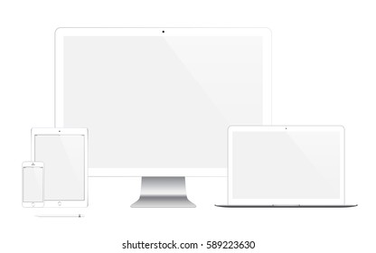 smartphone, tablet, computer monitor, laptop and stylus with blank screen isolated on white background. realistic and detailed devices mockup. stock vector illustration