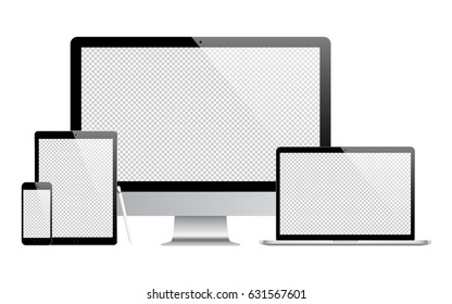 smartphone, tablet, computer monitor, laptop and stylus black color with flare isolated on white background. detailed and realistic devices mockup. stock vector illustration