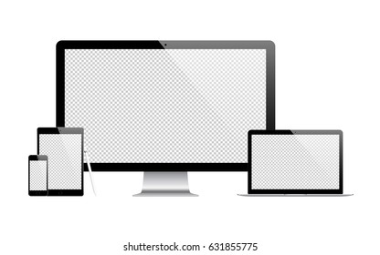 smartphone, tablet, computer monitor, laptop and stylus black color with flare isolated on white background. detailed and realistic devices mockup. stock vector illustration