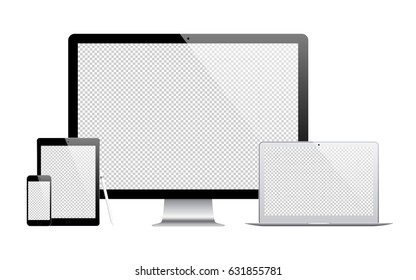 smartphone, tablet, computer monitor, laptop and stylus black color with flare isolated on white background. detailed and realistic devices mockup. stock vector illustration