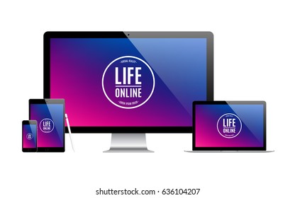 smartphone, tablet, computer monitor, laptop and stylus black color with colored screen saver isolated on white background. realistic and detailed devices mockup. stock vector illustration