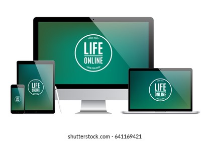 smartphone, tablet, computer monitor, laptop and stylus black color with colored screen saver isolated on white background. realistic and detailed devices mockup. stock vector illustration
