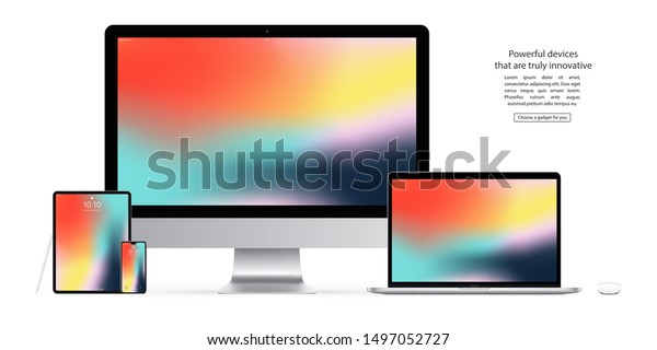 smartphone,
tablet, computer monitor, laptop, mouse and stylus with colorful
screen saver isolated on white background. realistic and detailed
devices mockup. stock vector
illustration