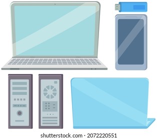 Smartphone, tablet, computer monitor, USB flash drive, system unit and laptop icon set in flat design style on white background. Devices and gadgets symbol vector illustration notebook, mobile phone