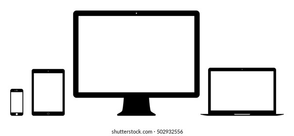 smartphone, tablet, computer monitors and laptop icons set in glyph design style isolated on white background. black devices and gadgets symbol. stock vector illustration