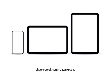 Smartphone with Tablet Computers Horizontal and Vertical Mockup, Blank Screens, Isolated on White Background. Vector Illustration