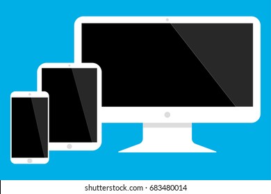 Smartphone tablet and desktop computer set on blue background. mobile phone tablet computer in one set.