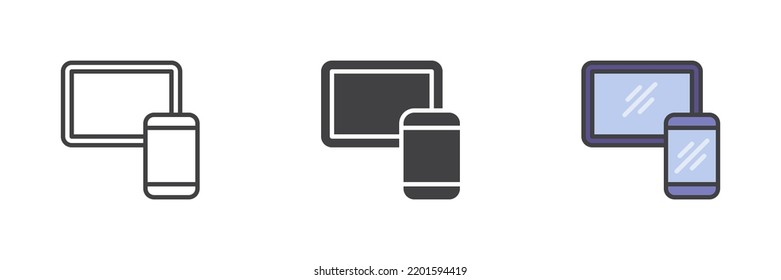 Smartphone and tablet different style icon set. Line, glyph and filled outline colorful version, outline and filled vector sign. Symbol, logo illustration. Vector graphics