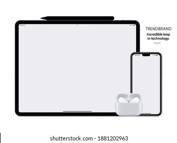 smartphone, tablet, earphones and stylus with blank screen saver isolated on white background. mockup of realistic and detailed gadgets and devices. stock vector illustration