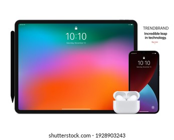 smartphone, tablet, earphones and stylus with colored screen saver isolated on white background. mockup of realistic and detailed devices and gadgets. stock vector illustration