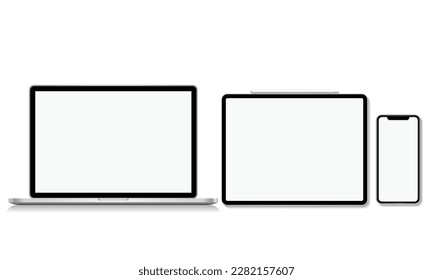 Smartphone tablet and laptop with blank screen saver isolated on white background. realistic and detailed layout of the device. Vector illustration computer tablet smart phone system