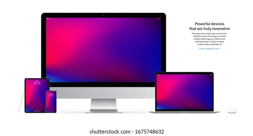 smartphone, tablet, laptop, computer display, mouse and stylus with colorful screen saver isolated on white background. detailed and realistic mockup devices and gadgets. stock vector illustration