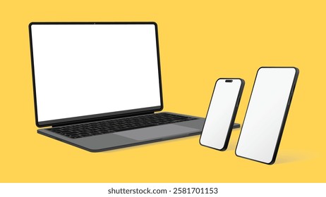 Smartphone, Tablet and Laptop Computer Mockup | Perspective Side View | Isolated on White Background | Vector Illustration.