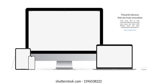 smartphone, tablet, laptop, computer monitor, mouse and stylus with blank screen saver isolated on white background. detailed and realistic mockup devices and gadgets. stock vector illustration