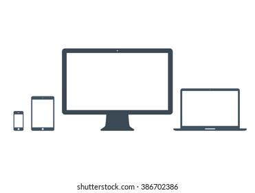 smartphone, tablet, laptop and computer monitor icon set in glyph design style isolated on white background. grey devices and gadgets symbol. stock vector illustration