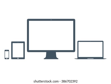 smartphone, tablet, laptop and computer monitor icon set in glyph design style isolated on white background. grey devices and gadgets symbol. stock vector illustration