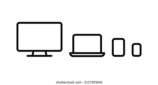 smartphone, tablet, laptop y equipo con salvapantallas en blanco aislado en fondo blanco. ilustración de contorno vectorial de stock.