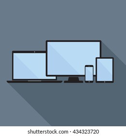 Smartphone, tablet, laptop and desktop computer icons. Set of device icons in flat style. Digital devices mockup with blank display. Responsive design template in vector EPS8 format.
