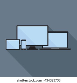 Smartphone, tablet, laptop and desktop computer icons. Set of device icons in flat style. Digital devices mockup with blank display. Responsive design template in vector EPS8 format.