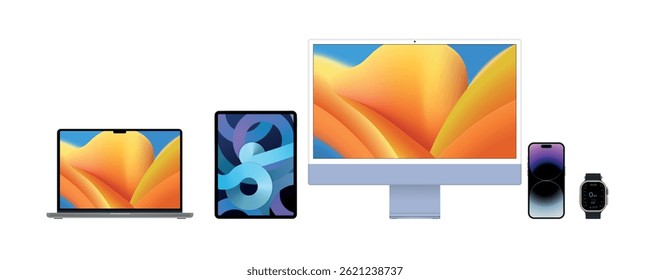 smartphone, tablet and laptop set black color with colorful screen saver isolated on white background. realistic and detailed devices mockup. stock vector illustration