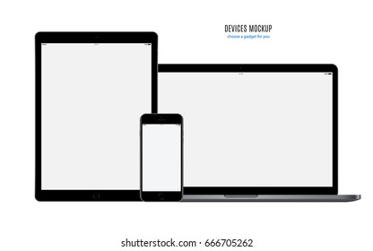 smartphone, tablet and laptop set black color with blank screen saver isolated on white background. realistic and detailed devices mockup. stock vector illustration