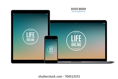 Smartphone, Tablet And Laptop Set Black Color With Multicolor Screen Saver Isolated On White Background. Realistic And Detailed Devices Mockup. Stock Vector Illustration